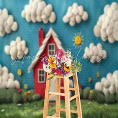 Blue Sky Cloud Red House Snoopy Cake Smash Backdrop