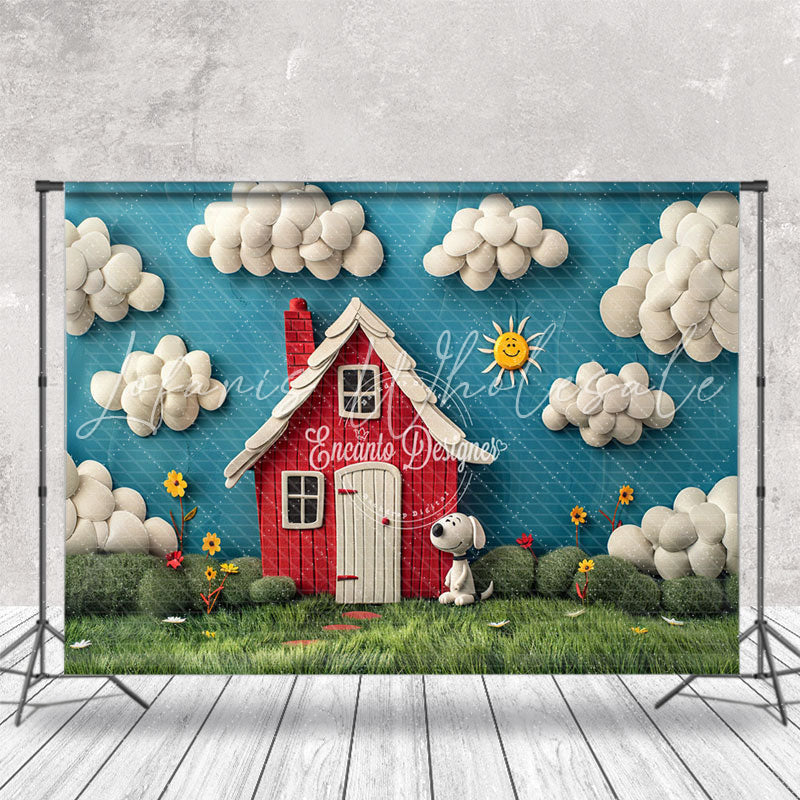 Blue Sky Cloud Red House Snoopy Cake Smash Backdrop
