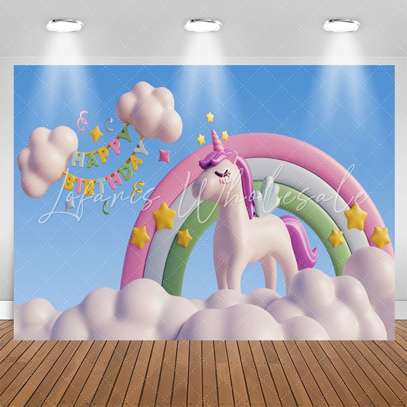 Lofaris Blue Sky Clouds Unicorn Happy Birthday Backdrop