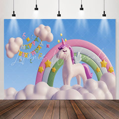 Lofaris Blue Sky Clouds Unicorn Happy Birthday Backdrop