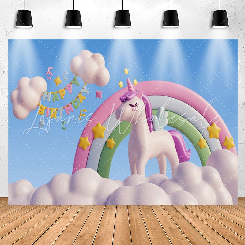 Lofaris Blue Sky Clouds Unicorn Happy Birthday Backdrop