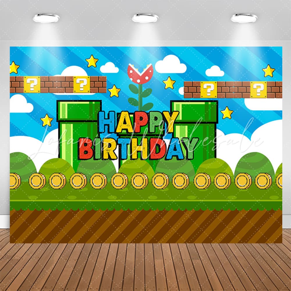 Lofaris Blue Sky Coin Green Game Level Boy Birthday Backdrop