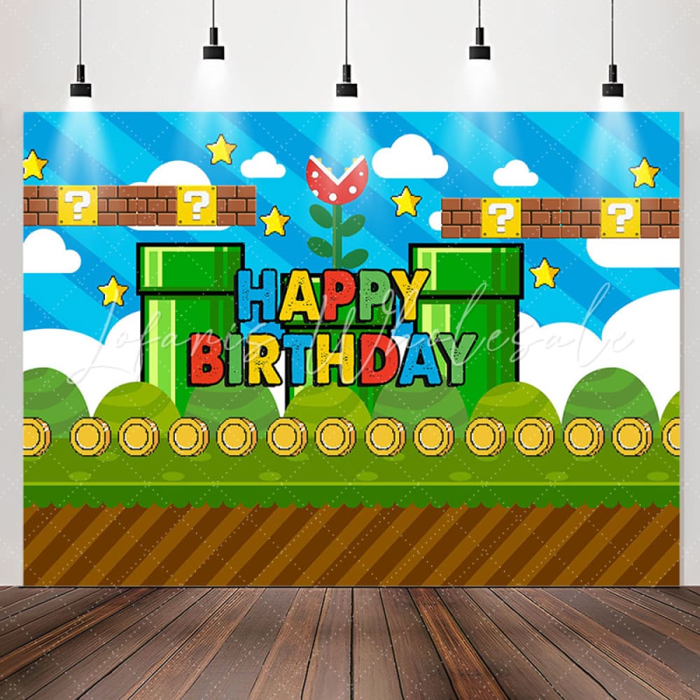Lofaris Blue Sky Coin Green Game Level Boy Birthday Backdrop