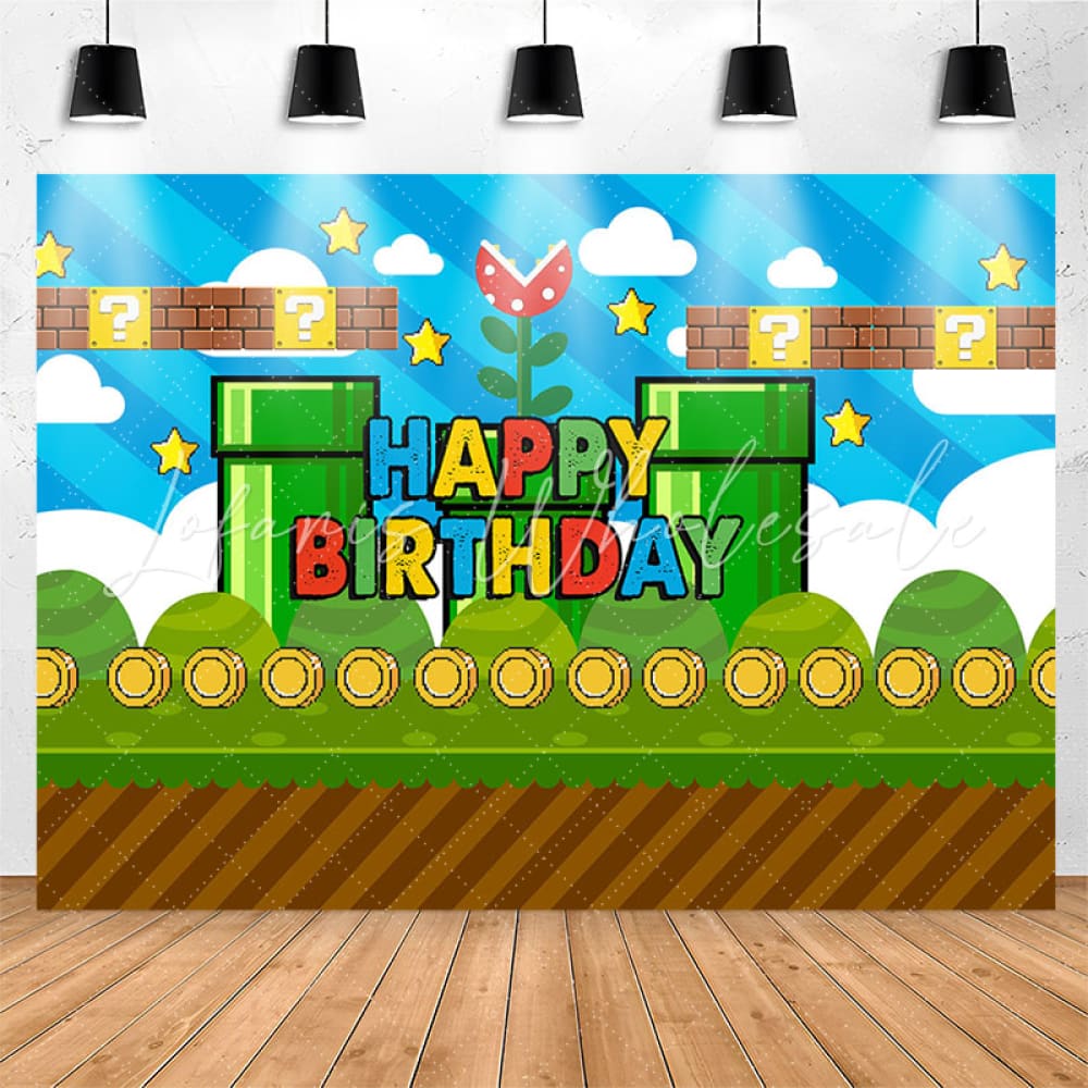 Lofaris Blue Sky Coin Green Game Level Boy Birthday Backdrop
