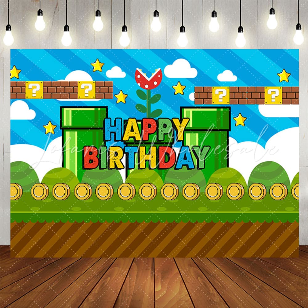 Lofaris Blue Sky Coin Green Game Level Boy Birthday Backdrop