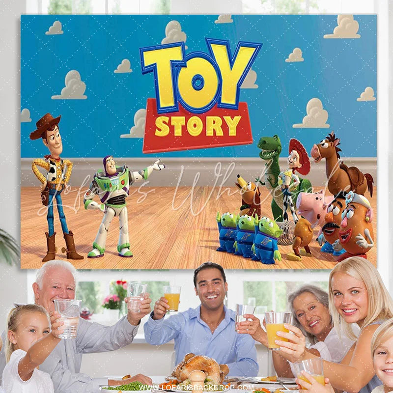 Lofaris Blue Sky White Cloud And Cartoon Toy Birthday Backdrop