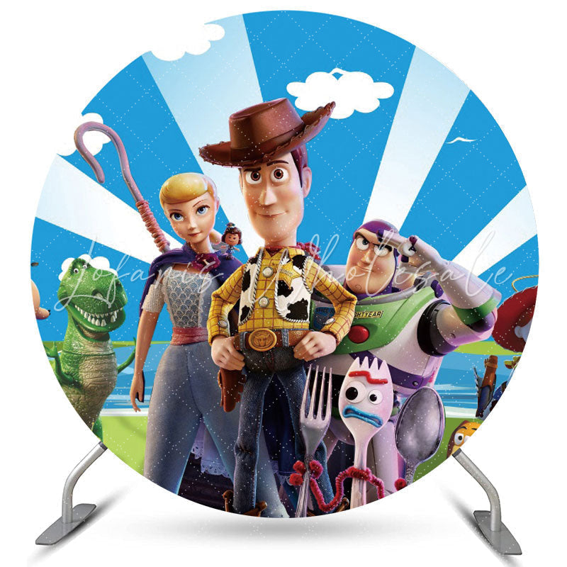 Lofaris Blue Sky White Cloud Round Cartoon Toy Birthday Backdrop