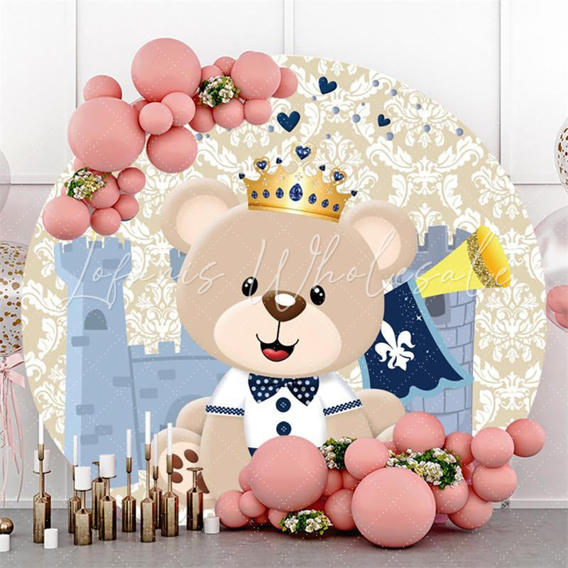 Lofaris Blue Teddy Bear And Castle Round Baby Shower Backdrop