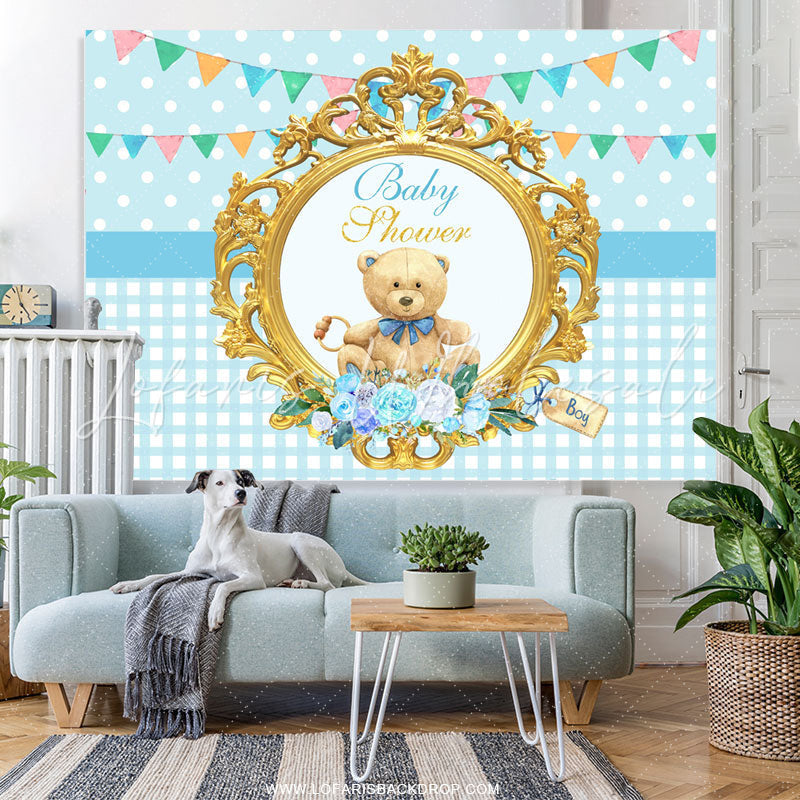 Lofaris Blue Teddy Bear With Flags Theme Baby Shower Backdrop
