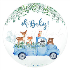 Lofaris Blue Truck Green Leaf Animals Baby Shower Round Backdrop