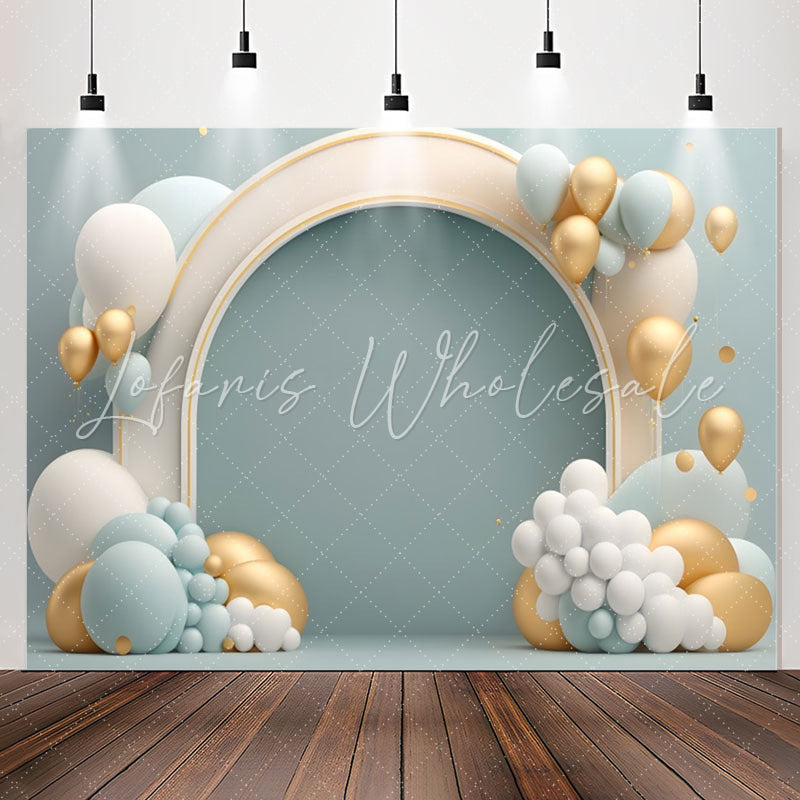 Lofaris Blue Wall Gold White Balloon 1st Birthday Backdrop