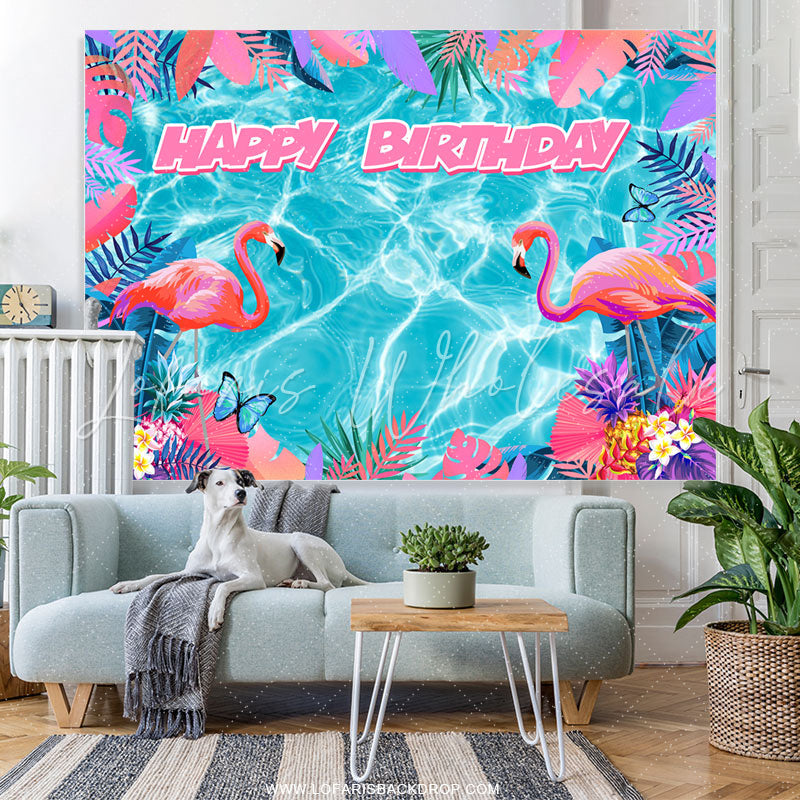Lofaris Blue Water Pink Flamingo Monstera Birthday Backdrop