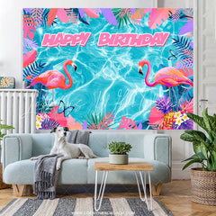 Lofaris Blue Water Pink Flamingo Monstera Birthday Backdrop