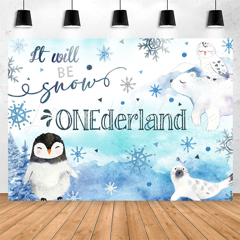 Lofaris Blue Watercolor Winter Animals 1St Birthday Backdrop