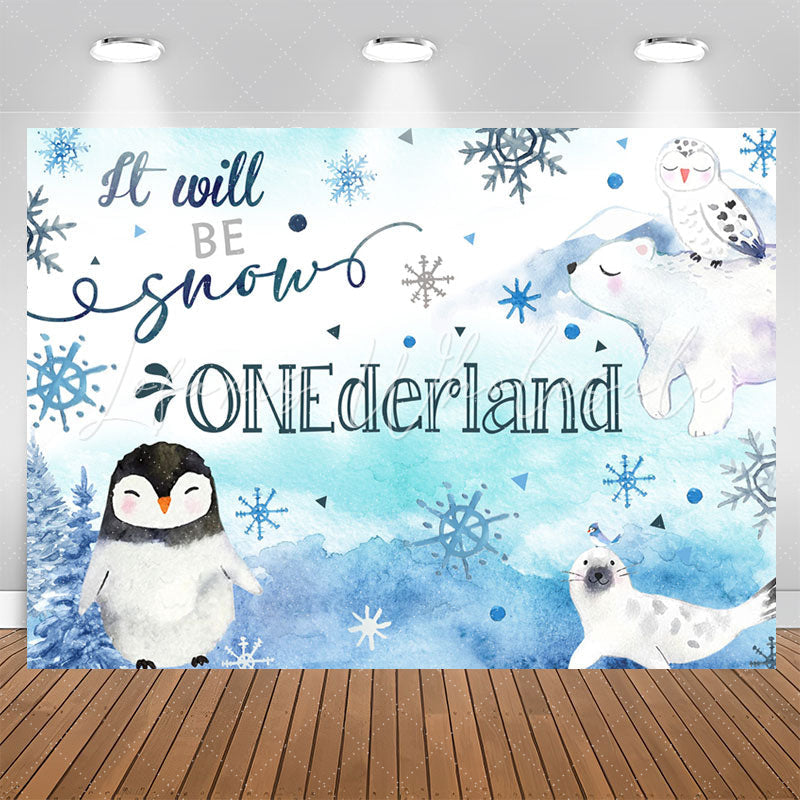 Lofaris Blue Watercolor Winter Animals 1St Birthday Backdrop