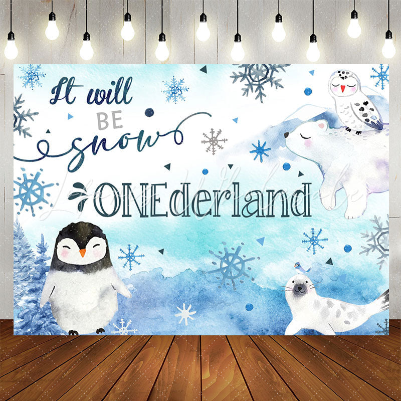 Lofaris Blue Watercolor Winter Animals 1St Birthday Backdrop
