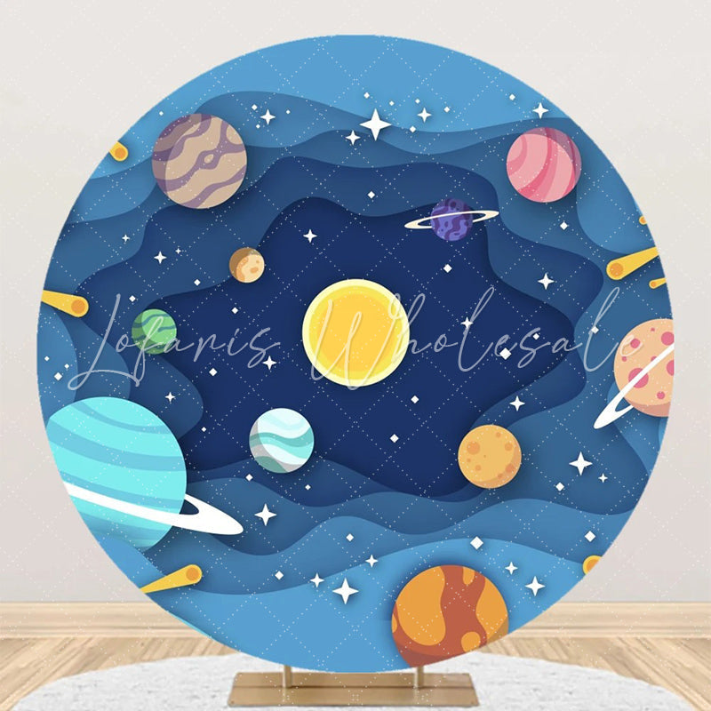 Lofaris Blue Wavy Galaxy Planet Star Round Birthday Backdrop