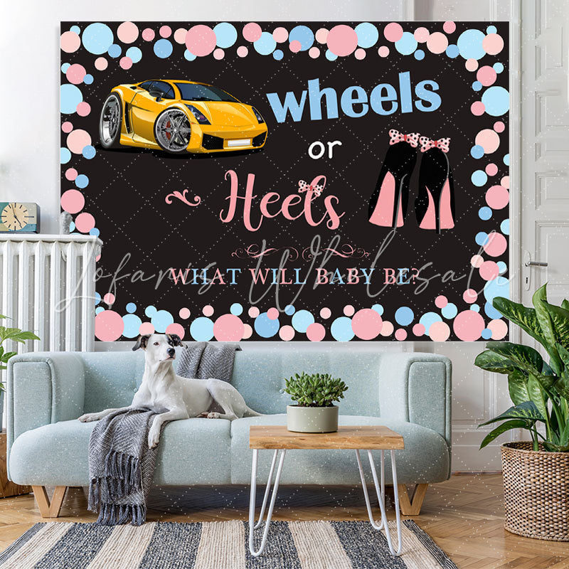 Lofaris Blue Wheels Or Pink Heels Black Baby Shower Backdrop