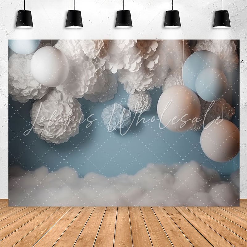 Lofaris Blue White Balloons Velvet Flower Birthday Backdrop