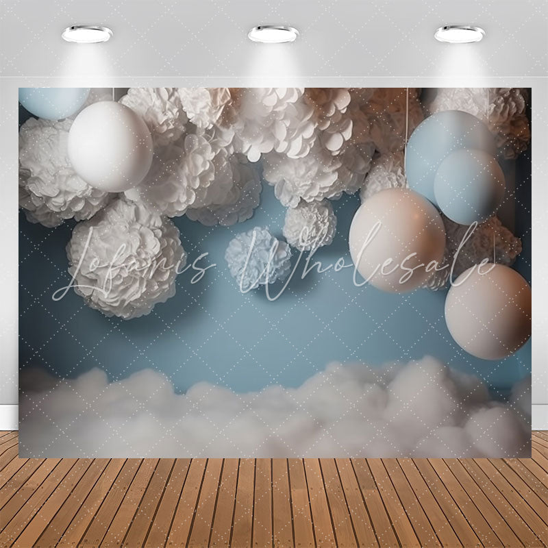 Lofaris Blue White Balloons Velvet Flower Birthday Backdrop