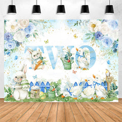 Lofaris Blue White Floral Rabbit Duck 2nd Birthday Backdrop