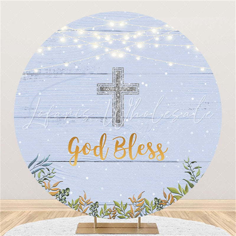 Lofaris Blue Wood Silver Glitter God Bless Baby Shower Backdrop