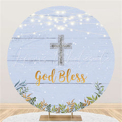 Lofaris Blue Wood Silver Glitter God Bless Baby Shower Backdrop
