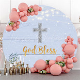 Lofaris Blue Wood Silver Glitter God Bless Baby Shower Backdrop
