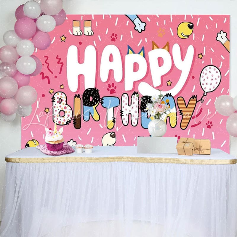 Bluey Pink Dog Paw Ribbons Happy Birthday Party Backdrop