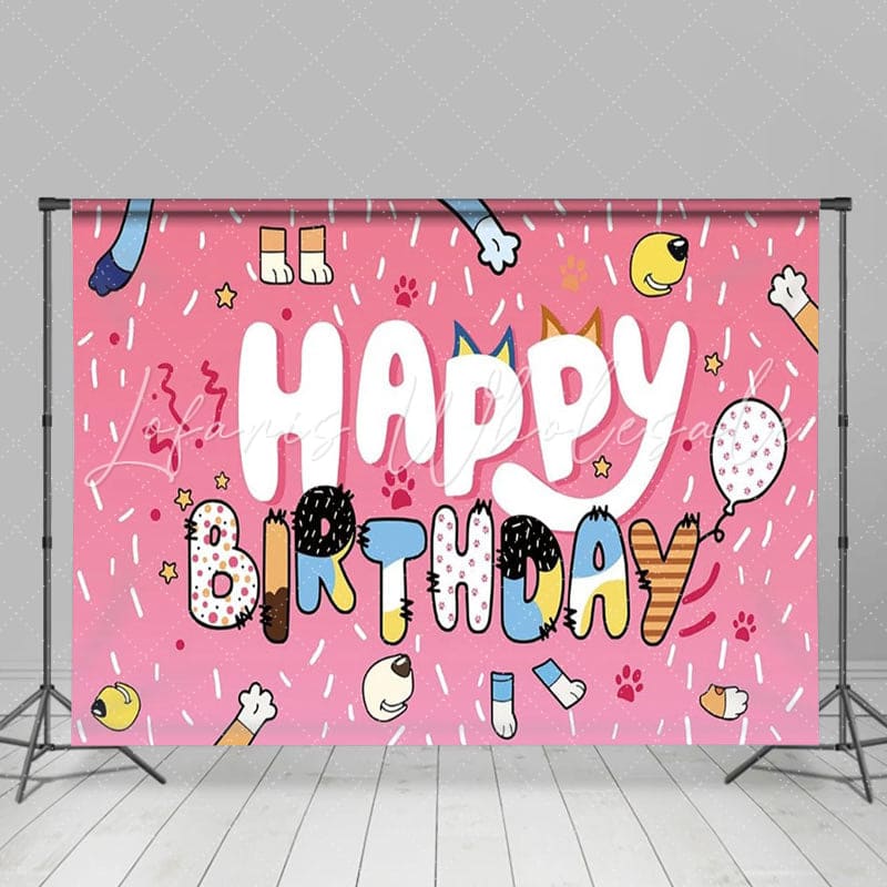 Bluey Pink Dog Paw Ribbons Happy Birthday Party Backdrop