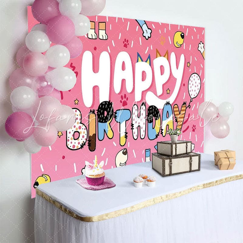 Bluey Pink Dog Paw Ribbons Happy Birthday Party Backdrop