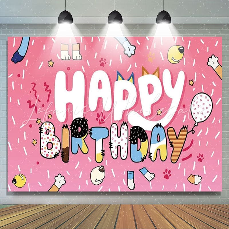 Bluey Pink Dog Paw Ribbons Happy Birthday Party Backdrop