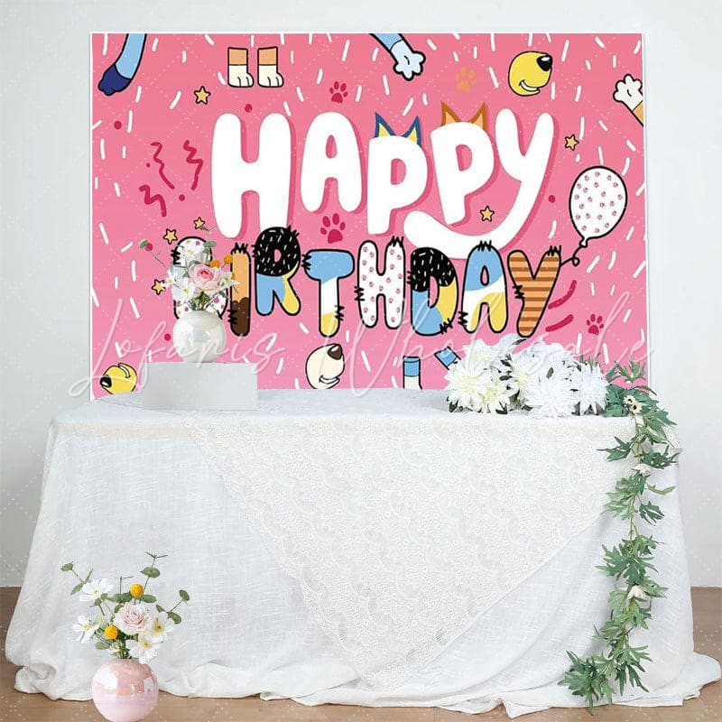 Bluey Pink Dog Paw Ribbons Happy Birthday Party Backdrop