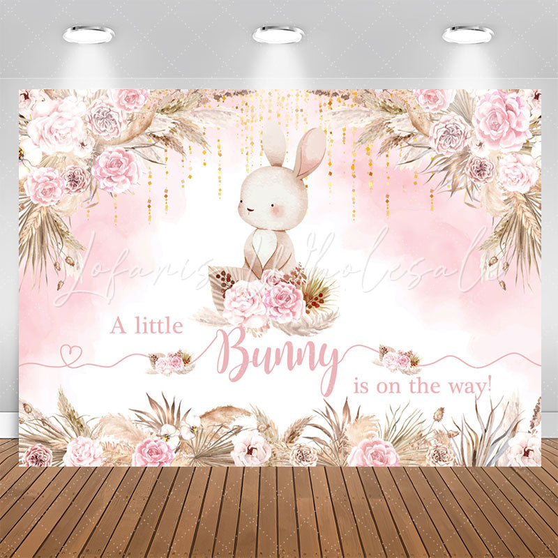 Lofaris Boho Bunny Pink Floral Bulrush Baby Shower Backdrop