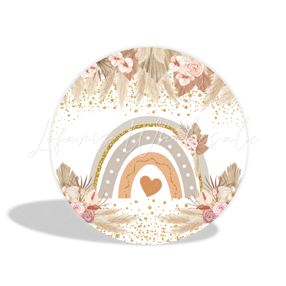 Boho Flora Rainbow Birthday Baby Shower Party Round Backdrop Cover Plinth Cylinder Pedestal Cover