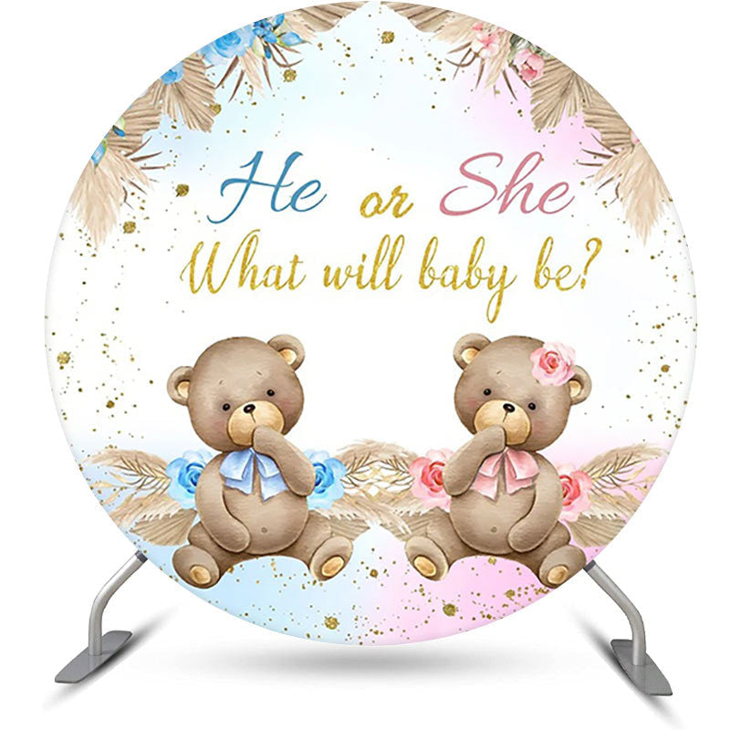 Lofaris Boho Floral Leaves Bear Round Gender Reveal Backdrop