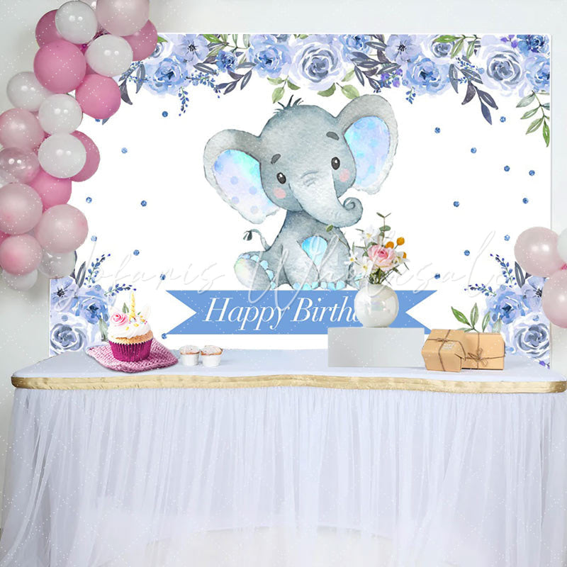 Lofaris Boho Light Blue Floral Elephant Birthday Backdrop