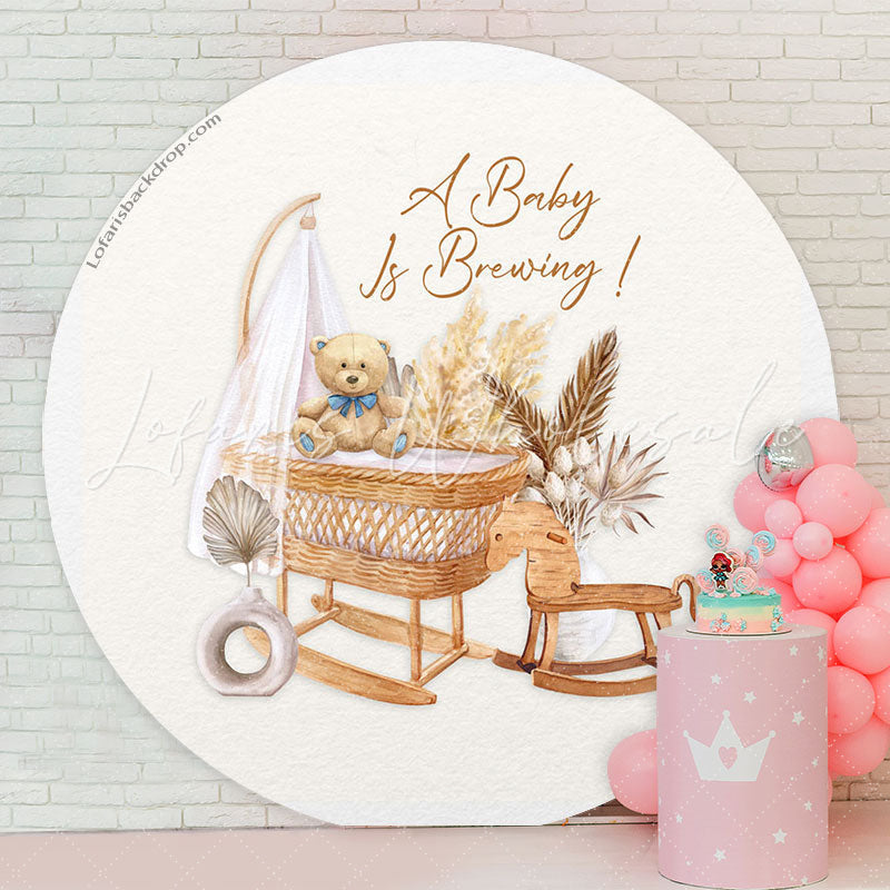 Lofaris Boho Teddy Bear Cradle Baby Shower Round Backdrop