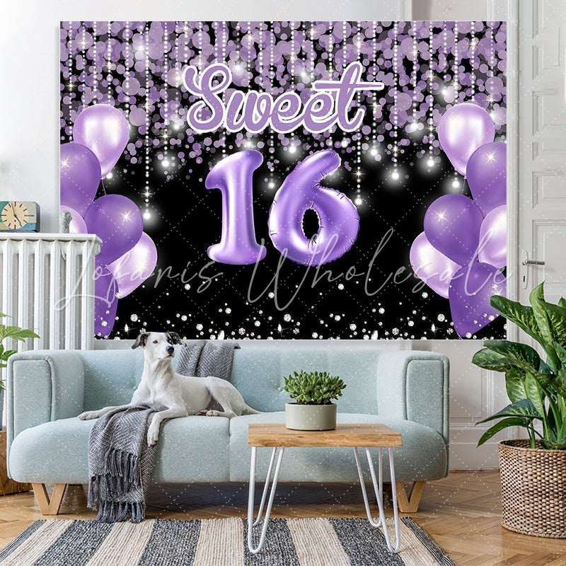 Lofaris Bokeh Purple balloon sweet 16th birthday photo backdrop