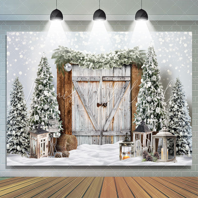 Lofaris Bokeh Snow Winter Wood Door Christmas Tree Backdrop