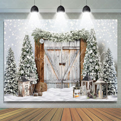 Lofaris Bokeh Snow Winter Wood Door Christmas Tree Backdrop