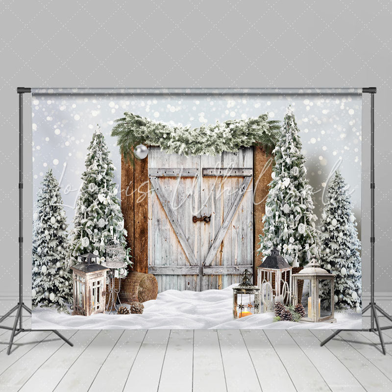 Lofaris Bokeh Snow Winter Wood Door Christmas Tree Backdrop