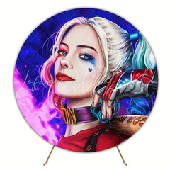 Bold Harley Quinn Round Backdrop For Villain-Themed Party Fun