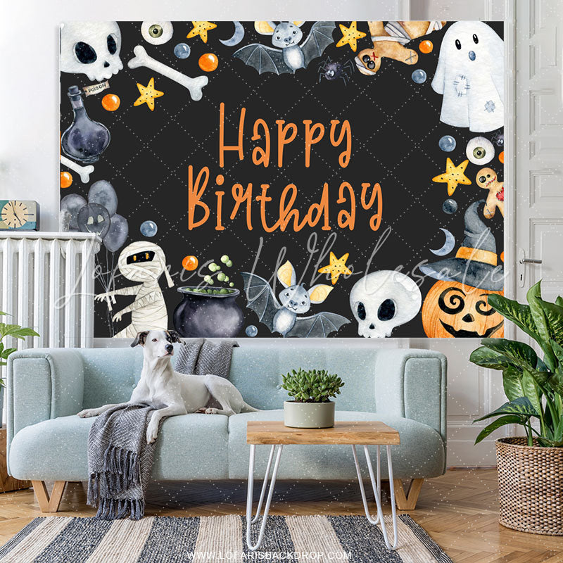 Lofaris Boo And Pumpkin Halloween Theme Black Birthday Backdrop