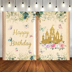 Lofaris Book Gold Glitter Castle Princess Birthday Backdrop