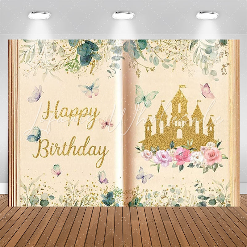 Lofaris Book Gold Glitter Castle Princess Birthday Backdrop