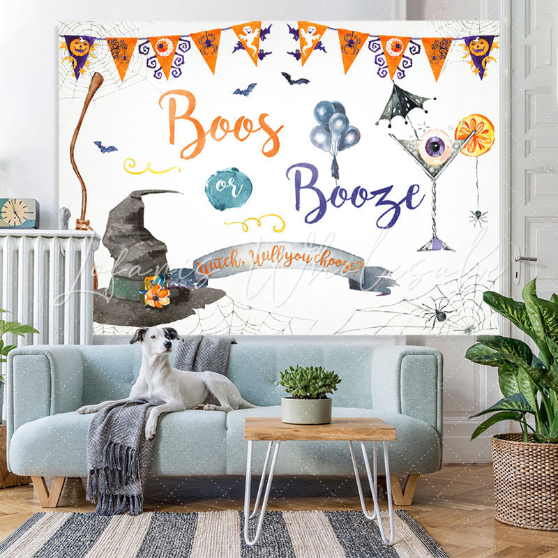 Lofaris Boos or Booze Witch Hat and Cocktail Halloween Backdrop