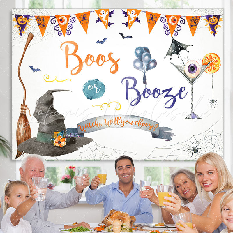 Lofaris Boos or Booze Witch Hat and Cocktail Halloween Backdrop