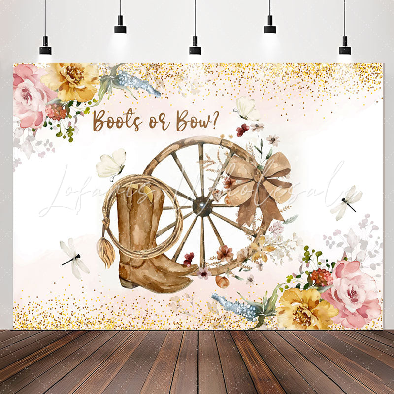 Lofaris Boots Or Bow Floral Glitter Gender Reveal Backdrop