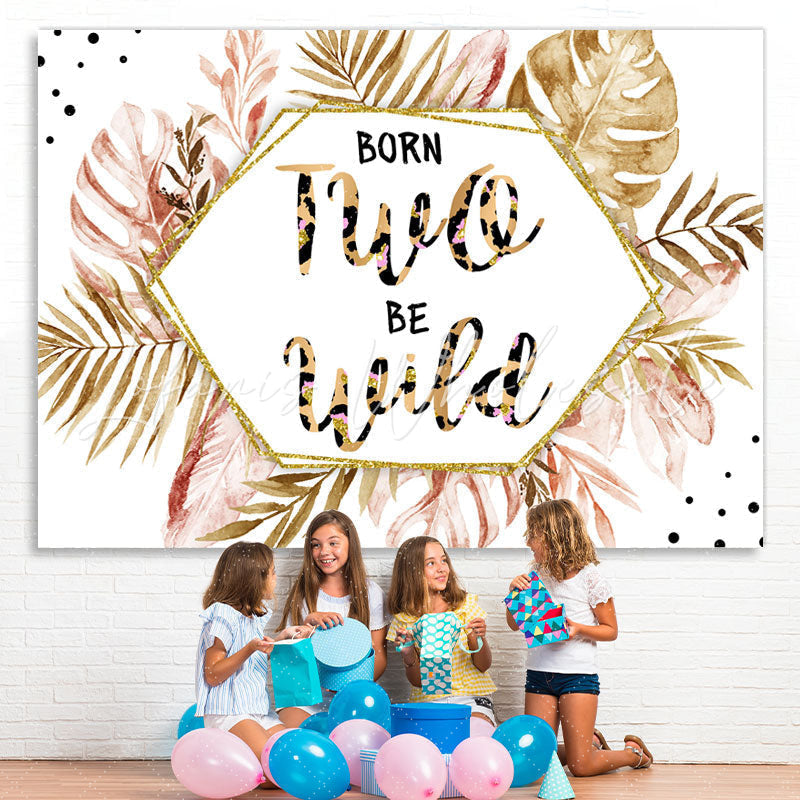 Lofaris Born Two Be Wild Pink Gold Leaves 2Nd Birthday Backdrop